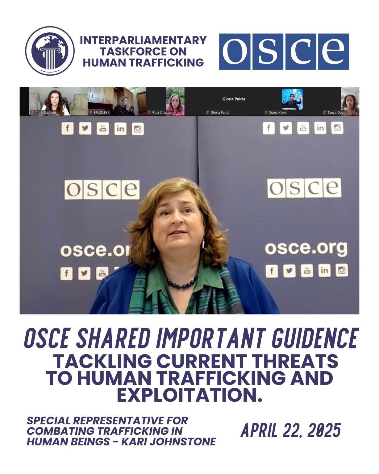OSCE Special Representative for Combating Trafficking in Human Beings Kari Johnstone addressing the Interparliamentary Taskforce on Human Trafficking, 22 April 2025