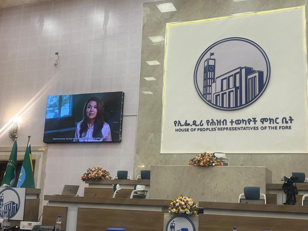 A survivor&rsquo;s video testimony played during the panel at the House of Peoples&rsquo; Representatives